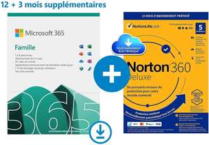 [Prime] Abonnement de 15 mois à Microsoft 365 Famille - jusqu’à 6 utilisateurs + Norton 360 Deluxe (Dématérialisé)