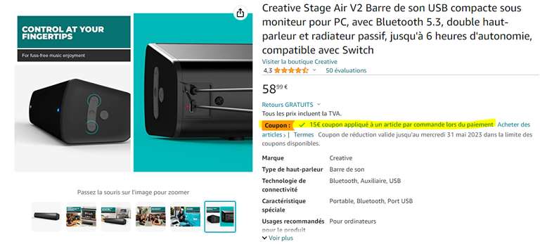 Barre de son Creative Stage Air V2 - Bluetooth 5.3 (vendeur tiers - via coupon)