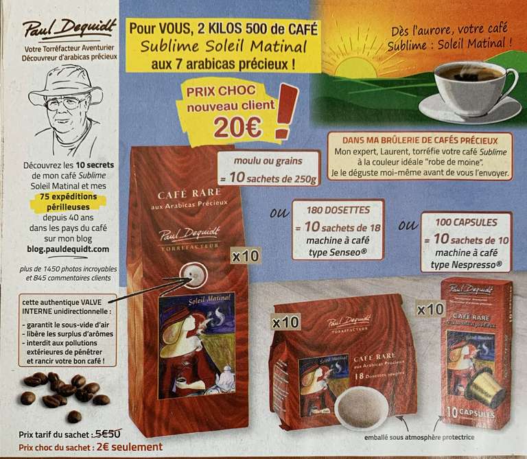 [Nouveaux Clients] 2,5kg de café Soleil Matinal (moulu ou grains) ou 180 dosettes souples ou 100 capsules type Nespresso (pauldequidt.com)