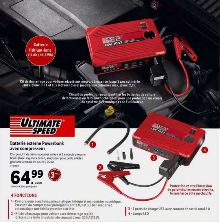 Booster de démarrage voiture Ultimate Speed - 200A, avec compresseur et embouts pneumatique, 2 ports USB et 1 lampe LED