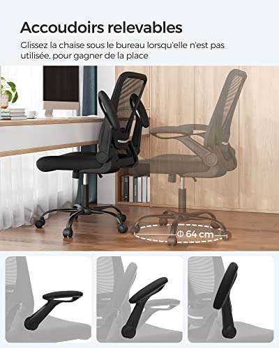 Chaise de bureau ergonomique en toile - Support lombaire rembourré - Mécanisme à Bascule - Accoudoirs rabattables - Noir - 66x 60x 107 cm