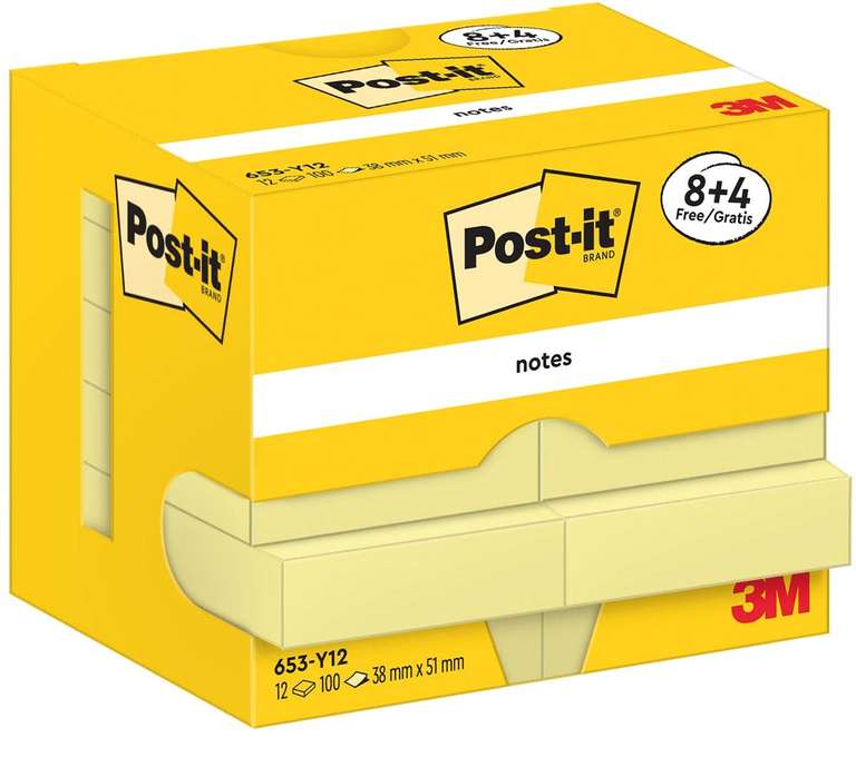 12 Blocs Post-it Notes - 100 Feuilles x 12, Couleurs Jaune Pastel