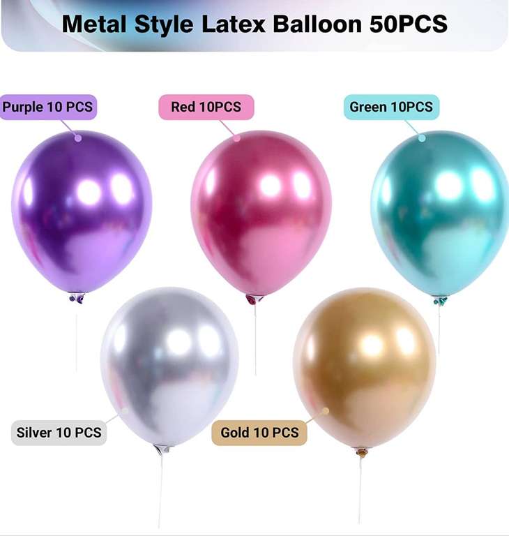 Lot de 50 Ballons d'anniversaire, 5 couleurs , 100% latex naturel (via coupon)