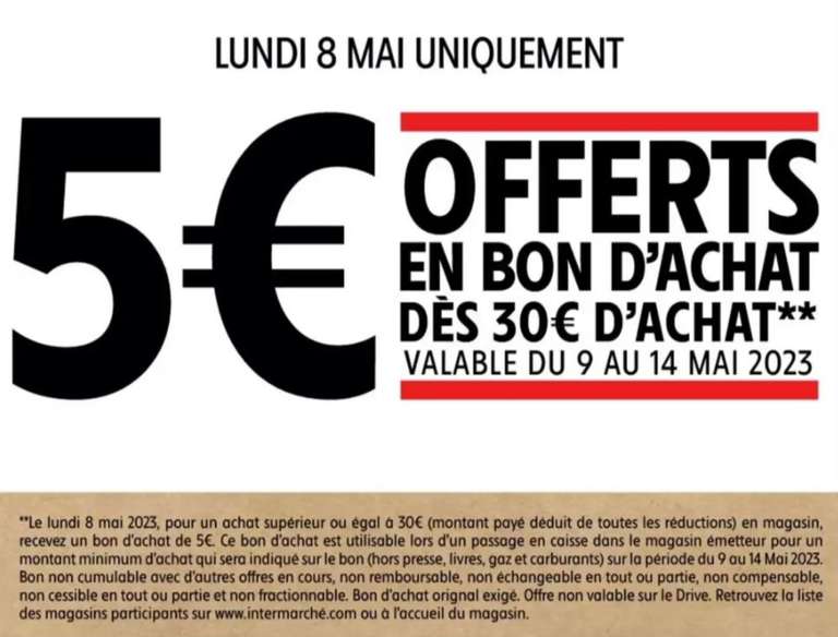5€ offert en bon d'achat dès 30€ d'Achat (Magasins Participants - Sous Conditions)