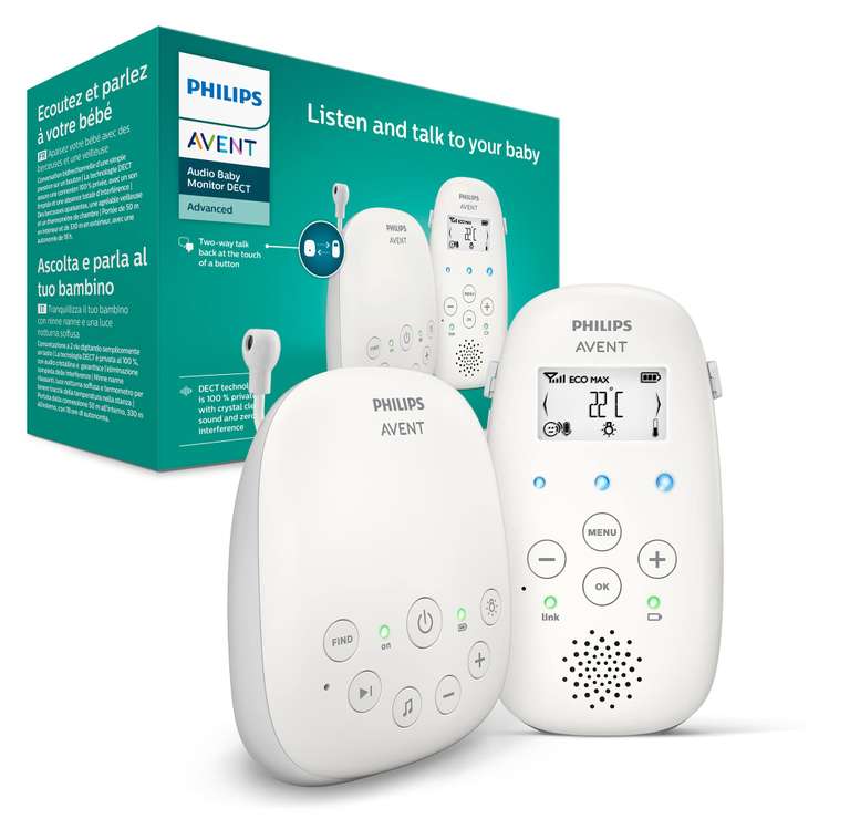 Écoute-bébé Audio Philips Avent SCD713/26 avec Technologie DECT, Son cristallin 100% privé, Son limpide, Veilleuse et berceuses