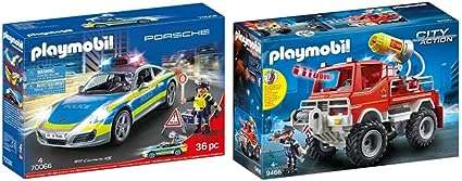 Lot de 2 coffrets Playmobil Porsche 911 Carrera 4S Police (70066) & 4X4 de Pompier avec Lance-Eau (9466)