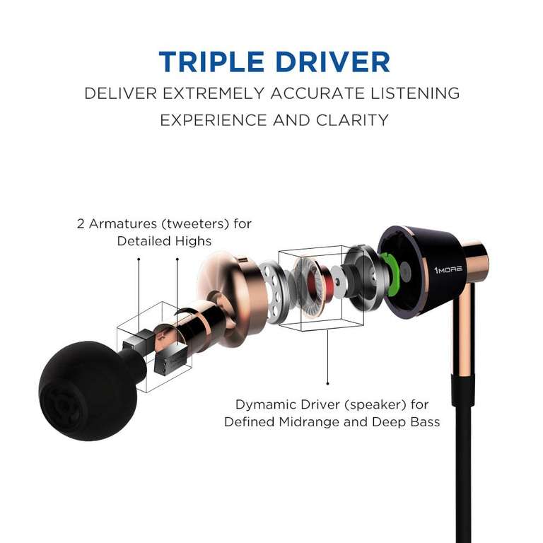 Écouteurs intra-auriculaire filaires 1 More Triple Driver - microphone intégré et bouton télécommande multifonctions E1001 (Vendeur Tiers)