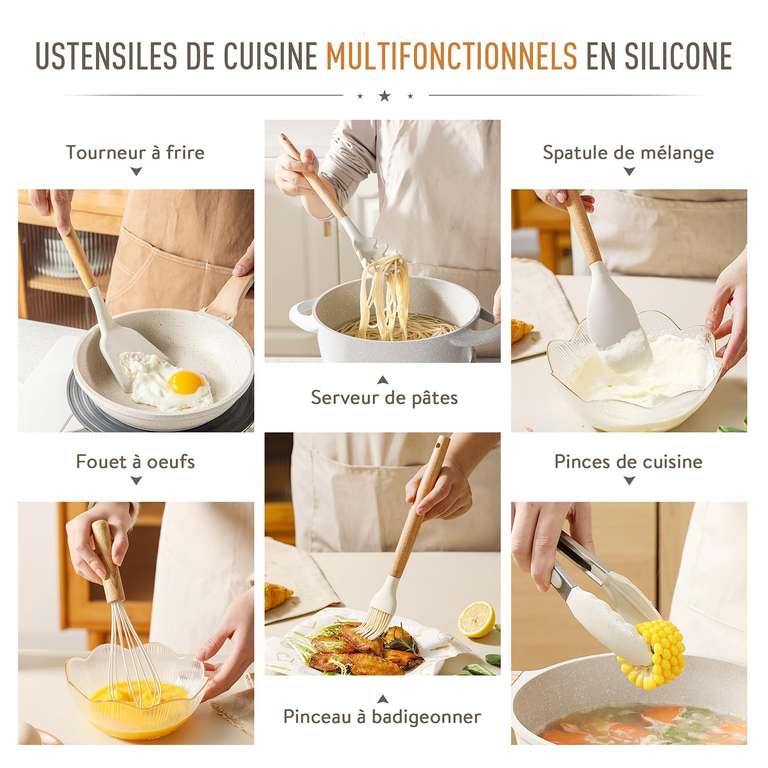 Lot De 9 Ustensiles De Cuisine Silicone - Manche En Bois - Blanc - Homikit