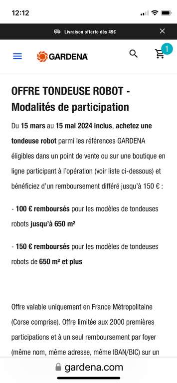 [ODR] 100€ remboursés pour l’achat d'une tondeuse robot GARDENA éligible jusqu’à 650 m², 150€ remboursés au-dessus de 650 m²