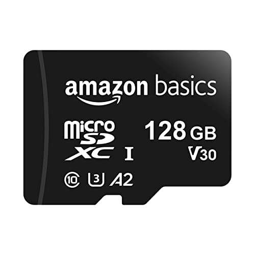 Carte mémoire MicroSDXC Amazon Basics - 128 Go, avec adaptateur SD, A2, U3, vitesse de lecture maximale de 100 Mo/s