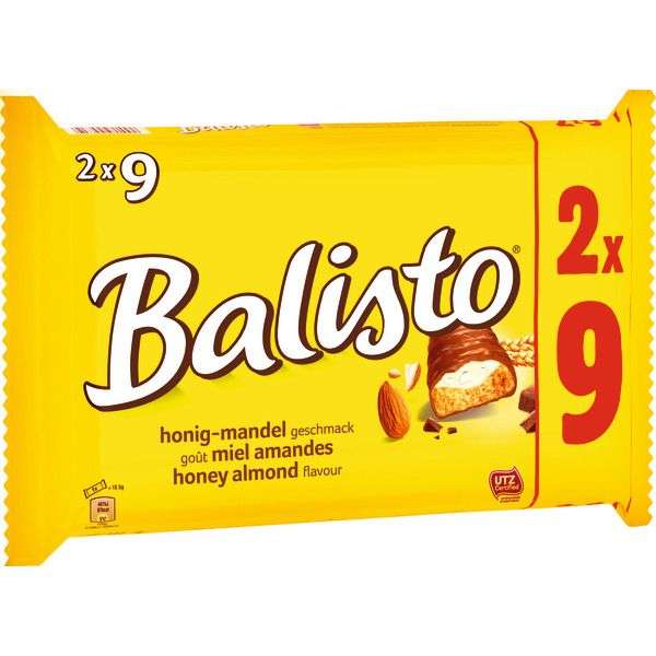 18 Barres chocolatées miel amandes Balisto - 2 x 9 barres de 18.5g (via 1.15€ sur la Carte de Fidélité)