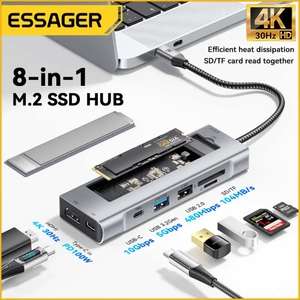 Hub USB-C 8 en 1 Essager - Emplacement SSD M.2 NVMe/SATA, HDMI, Lecteur Carte TF/SD, Power Delivery 100W