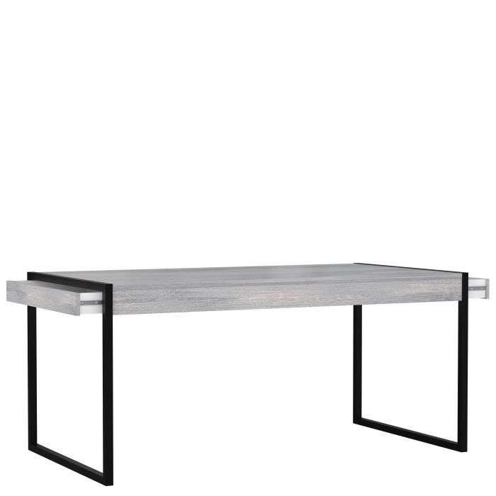 Table à manger 6 personnes Golden State - 2 tiroirs, pieds luge métal noir, plateau décor gris nordique, 166 x 90 x 77 cm