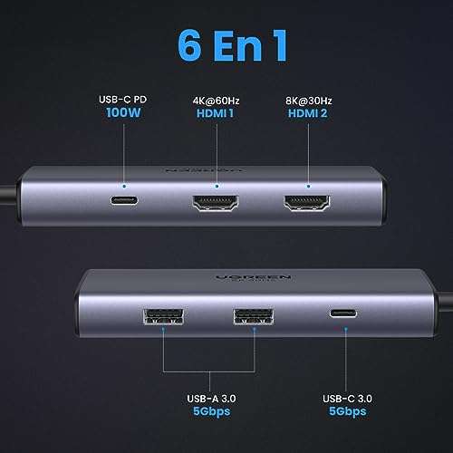 Hub USB Type-C Ugreen Revodok - 2 ports HDMI, 2 ports USB A 3.0, 1 port USB Type-C PD, 1 port USB Type-C (vendeur tiers - via coupon)
