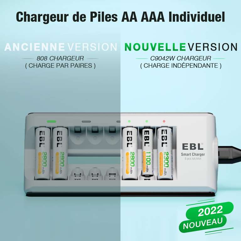 Chargeur De Piles AA Et AAA 8 Slots, Avec 4PCS Piles Rechargeables