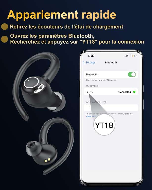 Ecouteurs sans fil Sport Jesebang 2024, Bluetooth 5.3 HiFi Stéréo sans Fil avec ENC Mic, Étanche, 40H (via coupon - vendeur tiers)