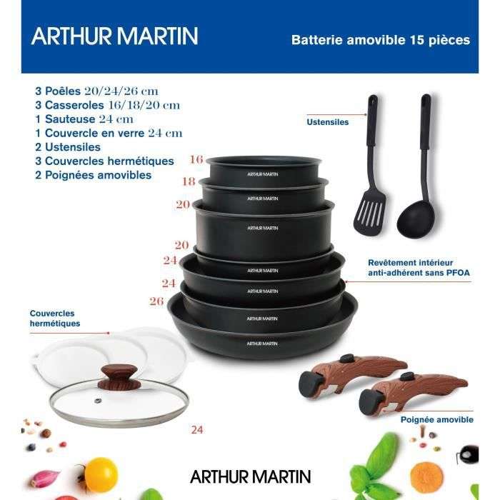 Batterie de cuisine 15 pièces Arthur Martin AM1502- Poêles, Casseroles, Sauteuse, Couvercles, 2 poignées effet bois,tous feux dont induction