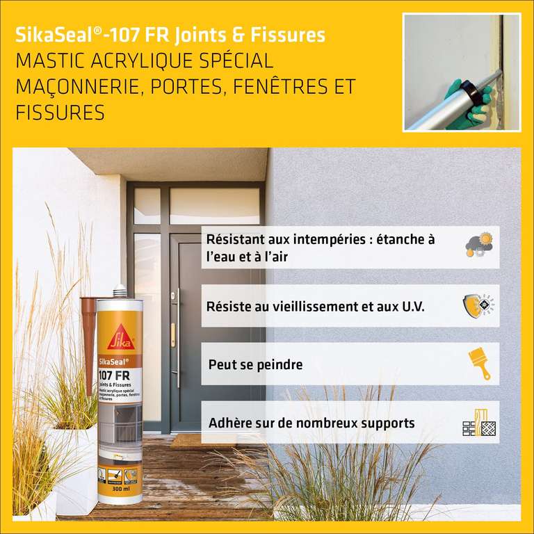 Recharge Acrylique SikaSeal 107 - 300ml, Joint et Fissures Acajou, Mastic acrylique professionnel multi support intérieur/extérieur