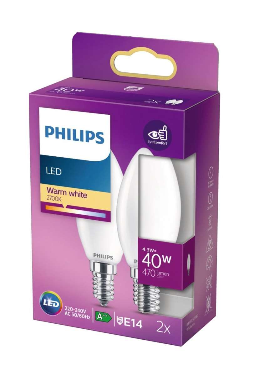 Philips Ampoule FluoCompacte Flamme Lisse Culot E14 8 Watts Consommés Équivalence Incandescence 40W 