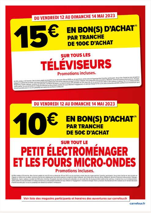 Sélection d'offres promotionnelles - Ex: 15€ offerts en bon d'achat tous les 100€ d'achat sur les TV (Promotions incluses)