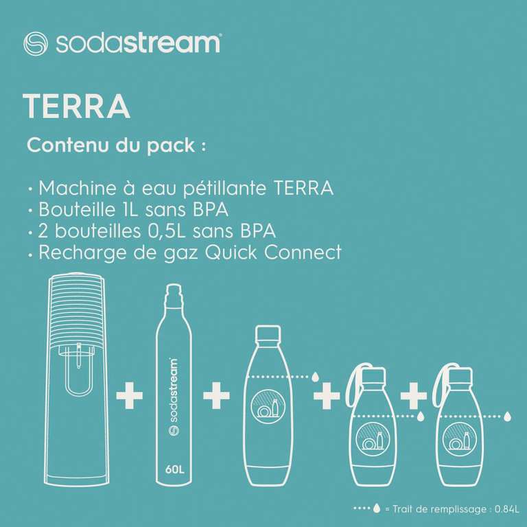 Machine SodaStream Terra + 3 bouteilles + 1 bouteille de gaz Offerte
