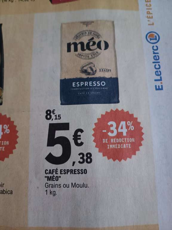 Paquet de Café Méo Espresso - en grain ou moulu, 1 Kg