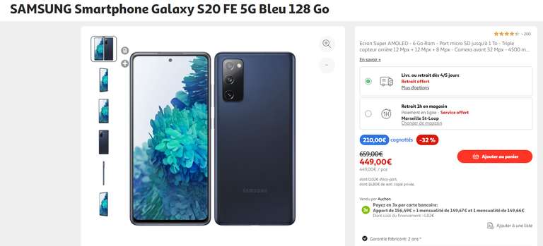 Smartphone 6.5" Samsung Galaxy S20 FE 5G - Bleu, 128 Go (via 210€ sur la carte)