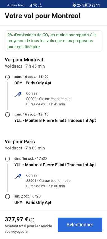 Vol direct A/R Paris (Orly) <-> Montréal (Canada) du 16 septembre au 1er octobre via la compagnie Corsair