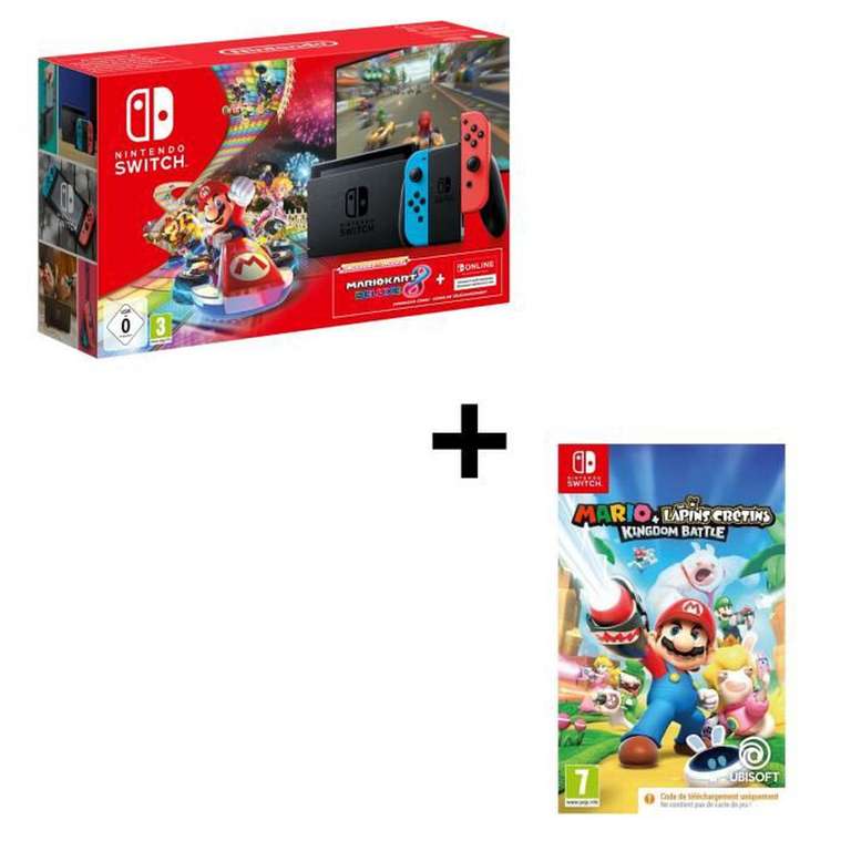 Pack Console Nintendo Switch Néon + Mario Kart 8 Deluxe (code) + 3 mois NSO + Mario Lapins Cretins (code)