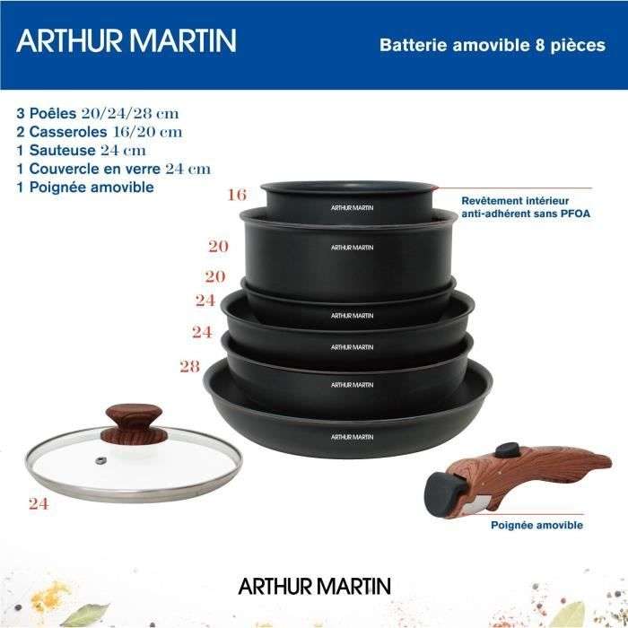 Batterie de cuisine 8 pièces Arthur Martin AM8231 - 3 poêles, 2 casseroles, 1 sauteuse, Couvercle verre, Poignée, Tous feux dont induction