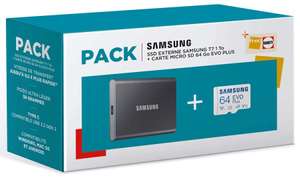 SSD externe NVMe Samsung Portable T7 - 1 To, USB 3.2 (1050-1000 Mo/s en Lecture-Écriture) + Carte Micro SD Samsung EVO Plus (64 Go)