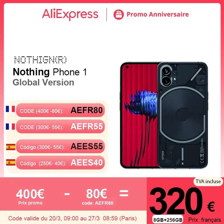 Smartphone 6.55" Nothing Phone 1 - OLED FHD+ 120 Hz, Snapdragon 778G+, RAM 8 Go, 256 Go, 50+50 MP, Charge 33W, 4500 mAh (Entrepôt France)