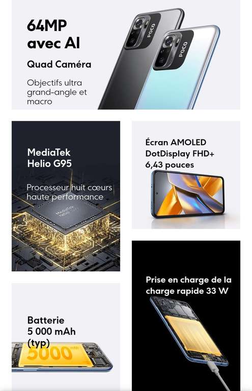 Smartphone 6.43" Poco M5s - FHD+ AMOLED, 4 Go RAM, 128 Go (Jaune) + Chargeur secteur Mi 33W Wall Charger (Type-A + Type-C) offert