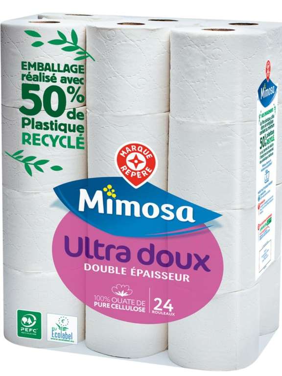 Paquet de 24 rouleaux de papiers hygiéniques double épaisseur Mimosa (via 0,85€ sur carte de fidélité)