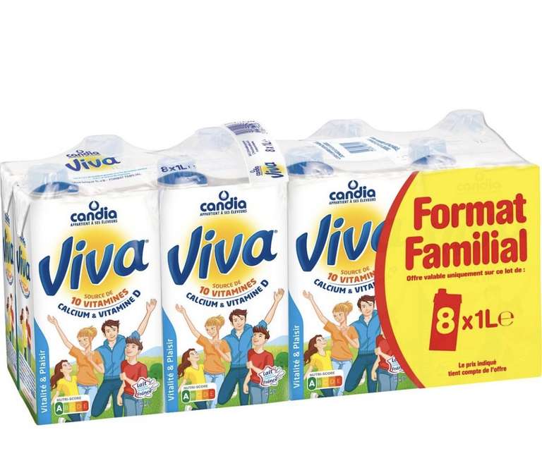 Lot de 2 packs de 8 briques de lait UHT Candia Viva - 2 x 8 x 1 L