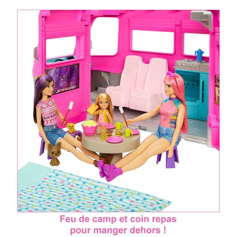 Barbie Camping-Car Transformable, avec 7 Zones de Jeu Et 60 Accessoires
