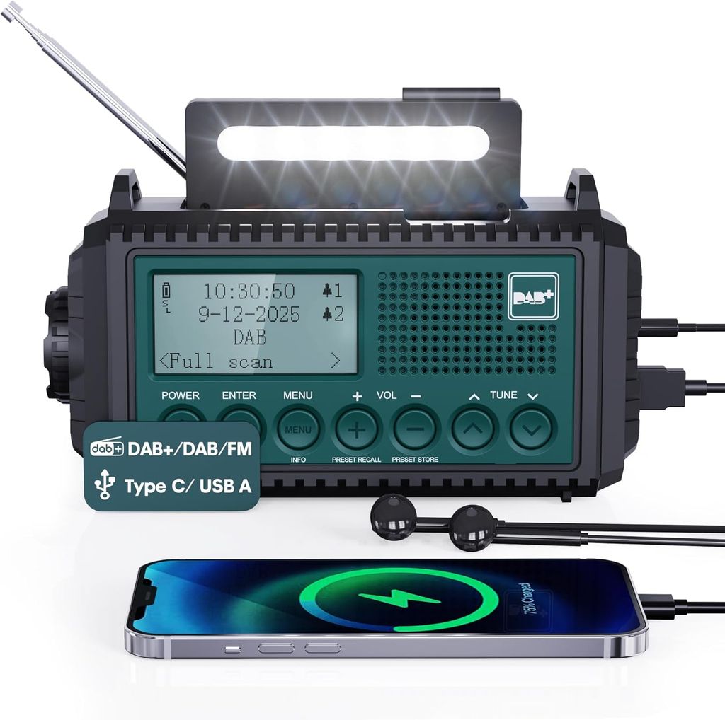 Radio à manivelle, solaire, USB et à piles, DAB+/DAB/FM, avec batterie rechargeable de 5 000 mAh (Vendeurs Tiers)