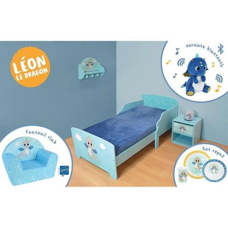 Sélection de chambres enfants en promotion - Ex Pack chambre "Léon le Dragon" : lit + chevet + étagère + fauteuil + peluche + accessoires