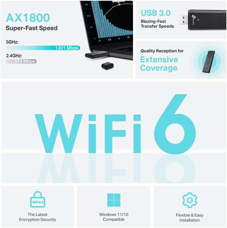 Adaptateur USB WiFi 6 TP-Link Archer TX20U, AX1800 bi-bande 2.4G / 5GHz, MU-MIMO, WPA3, compatible avec Windows 11/10