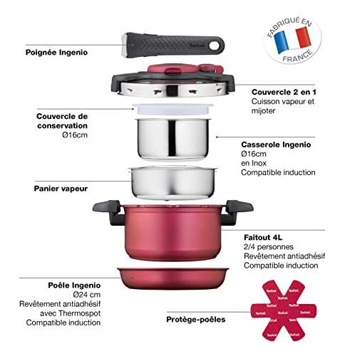 Batterie de cuisine 8 pièces Tefal Ingenio - Faitout, Poêle, Casserole inox, Panier vapeur, Couvercles, Poignée, Feutrines, Induction