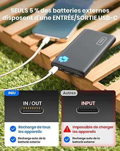 Batterie Externe Iniu - Power Bank Ultra Mince 3A Charge Rapide 10000mAh (Vendeur Tiers)