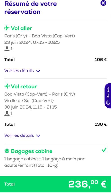 Vol A/R Paris (ORY) <-> Boa Vista (Cap-Vert) - Du Dimanche 23 au Dimanche 30 Juin (Bagage cabine de 10 kg inclus)