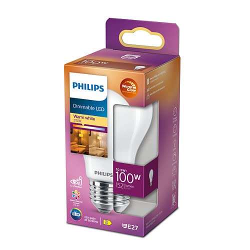Ampoule LED Philips - E27, 10.5W (‎1521 lm), Blanc Chaud, Dépolie, Compatible Variateur