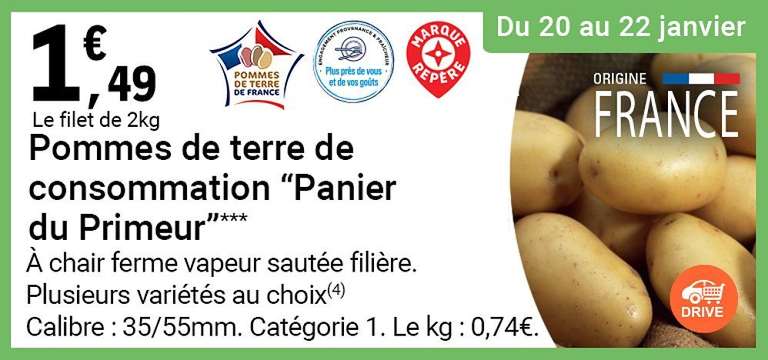 Filet de 2kg de pommes de terre de consommation "Panier du Primeur", Catégorie, 1 Origine France