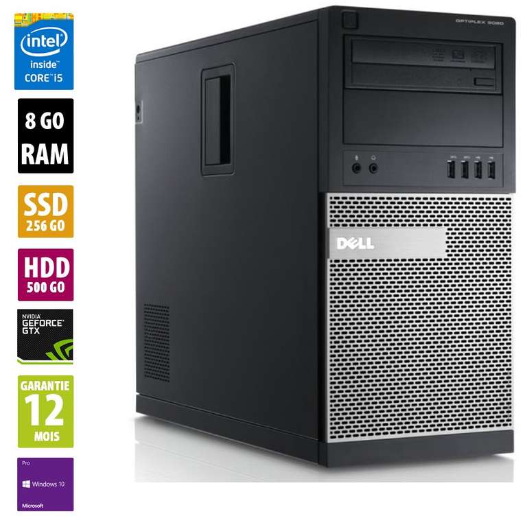 PC de bureau Dell Optiplex 9020 - i5-4590, RAM 8 Go, SSD 256 Go + HDD 500 Go, GTX 745, Windows 10 Pro (Reconditionné - Grade B)