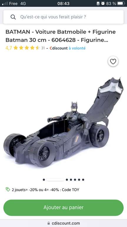 Voiture Batmobile + Figurine articulée Batman 30 cm