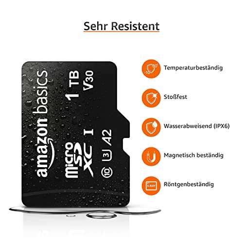 Carte mémoire MicroSDXC Amazon Basics - 1 To, avec adaptateur SD, A2, U3, vitesse de lecture jusqu'à 100 Mo/s