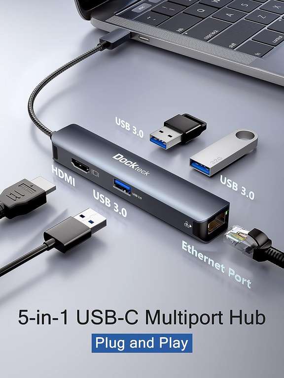 Hub USB C Dockteck 5 en 1 - Adaptateur USB C Aluminium vers Ethernet RJ45 avec 4K 60Hz HDMI, 3 USB 3.0 (Vendeur Tiers)