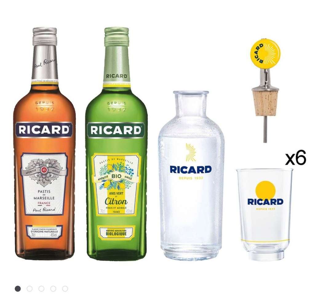 Ricard, Pastis original + Apéritif anisé Citron, 45%vol.- 2x70cl + 1 carafe  + 6 verres + 1 bec –