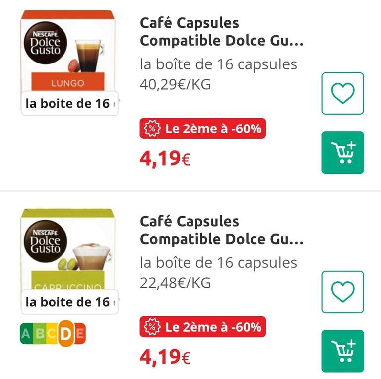 60% de réduction sur la seconde boite de capsules de café Dolce Gusto achetée - Ex : 2 boîtes de Dolce Gusto cappuccino (2 x 16)